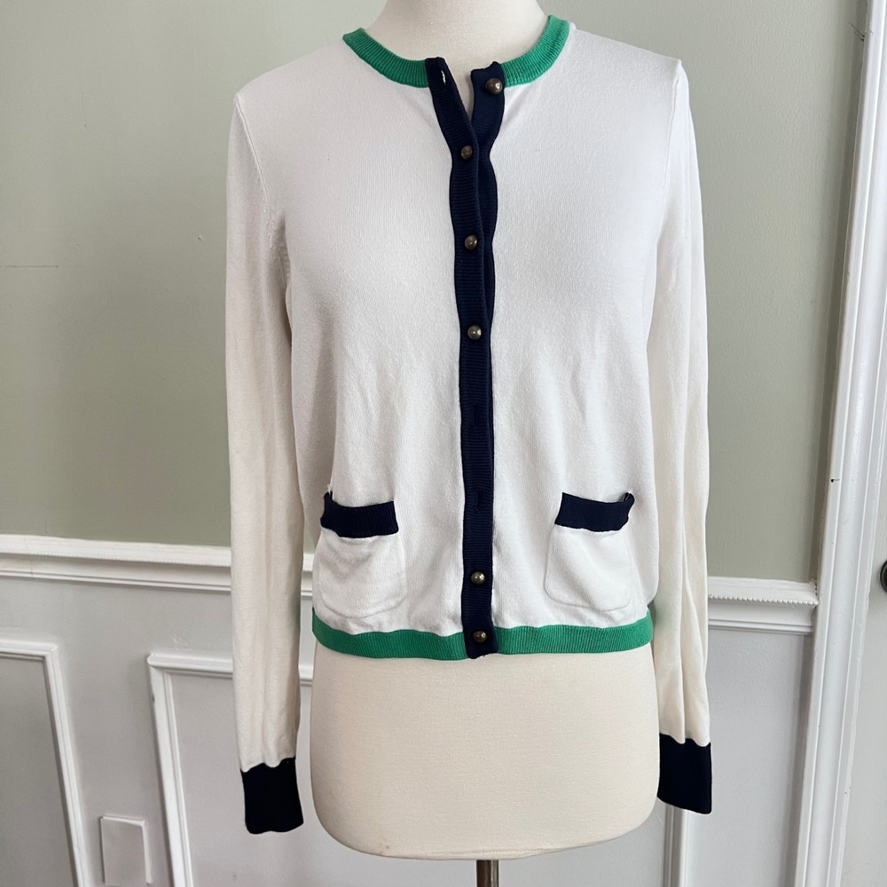 The Webster Cardigan‎ Womens Medium White Green Navy Trim Button Front M